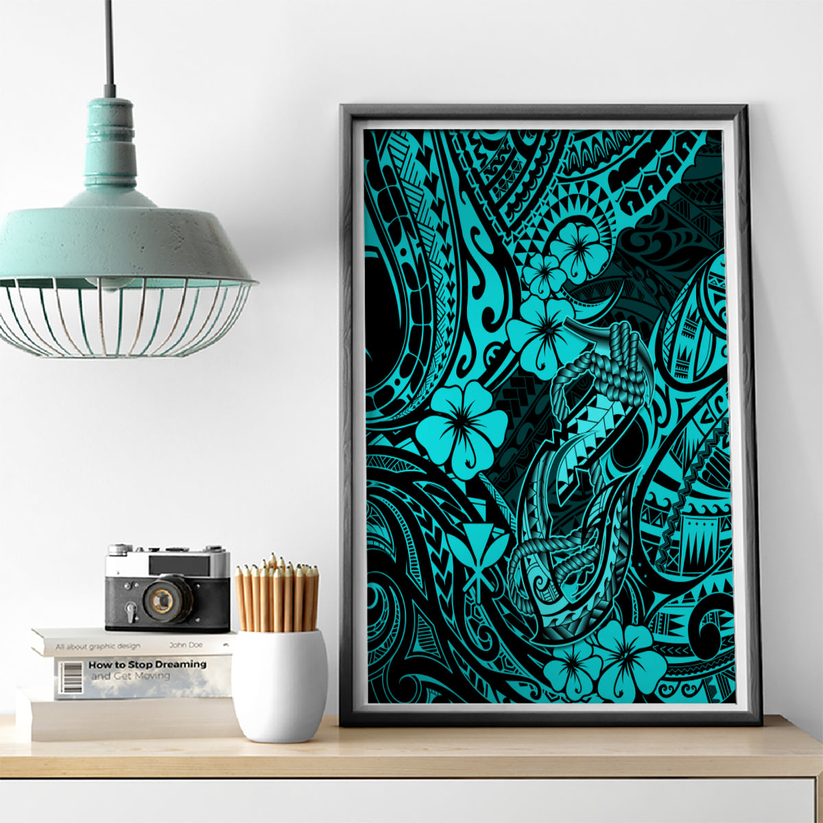 Hawaii Fish Hook Canvas Wall Art Hibiscus Hawaii Tribal Tattoo Turquoise Version - Wonder Print Shop