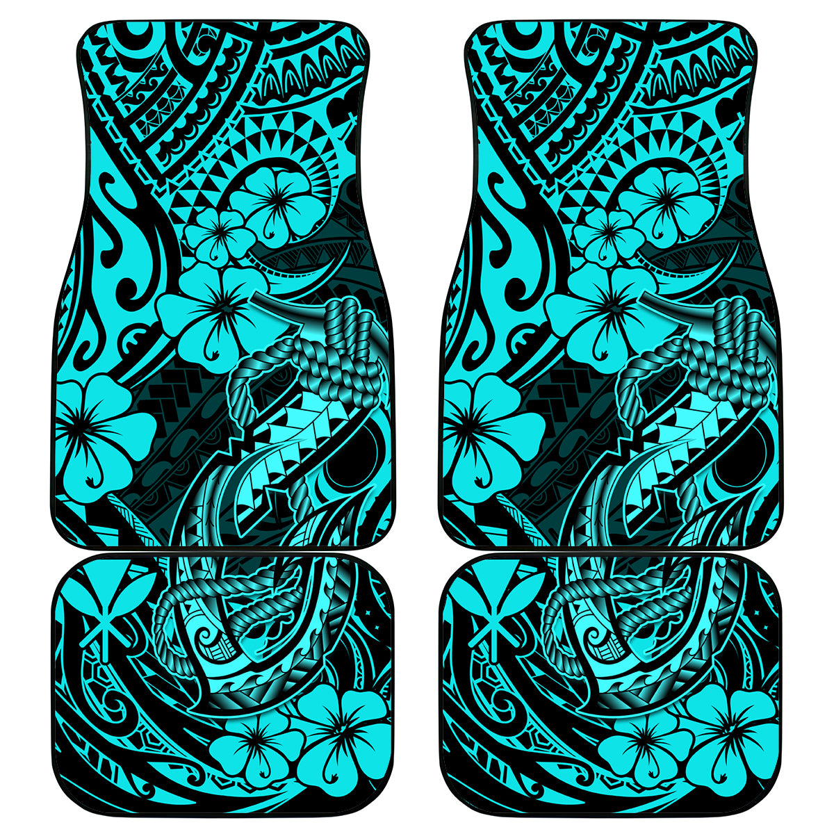 Hawaii Fish Hook Car Mats Hibiscus Hawaii Tribal Tattoo Turquoise Version - Wonder Print Shop