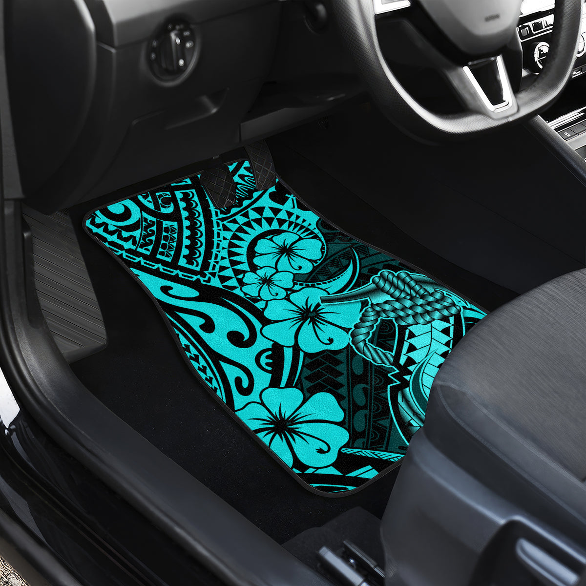 Hawaii Fish Hook Car Mats Hibiscus Hawaii Tribal Tattoo Turquoise Version - Wonder Print Shop