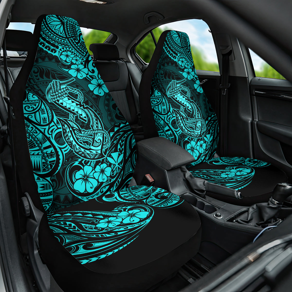 Hawaii Fish Hook Car Seat Cover Hibiscus Hawaii Tribal Tattoo Turquoise Version - Wonder Print Shop