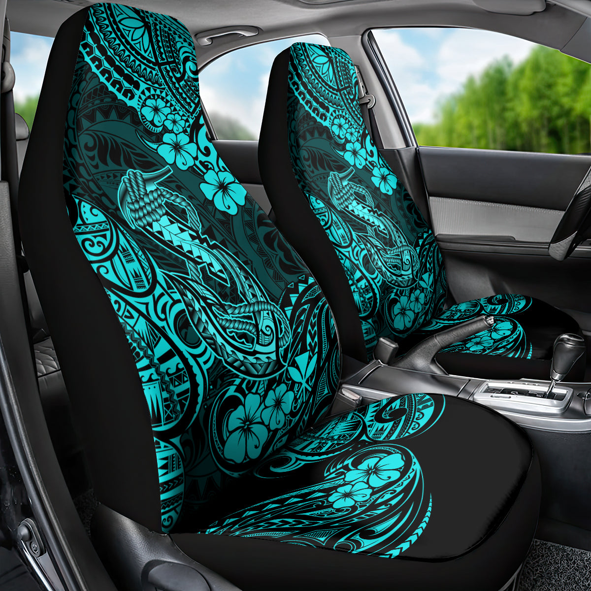 Hawaii Fish Hook Car Seat Cover Hibiscus Hawaii Tribal Tattoo Turquoise Version - Wonder Print Shop