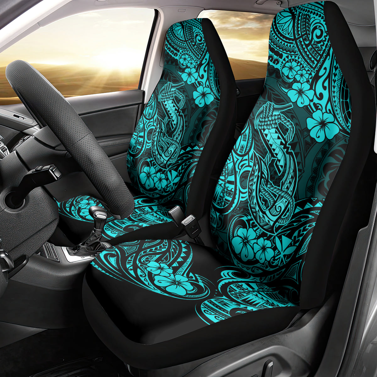 Hawaii Fish Hook Car Seat Cover Hibiscus Hawaii Tribal Tattoo Turquoise Version - Wonder Print Shop