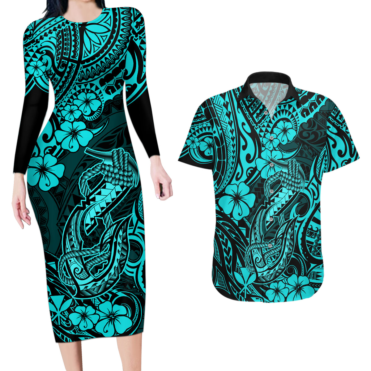 Hawaii Fish Hook Couples Matching Long Sleeve Bodycon Dress and Hawaiian Shirt Hibiscus Hawaii Tribal Tattoo Turquoise Version - Wonder Print Shop