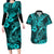 Hawaii Fish Hook Couples Matching Long Sleeve Bodycon Dress and Hawaiian Shirt Hibiscus Hawaii Tribal Tattoo Turquoise Version - Wonder Print Shop