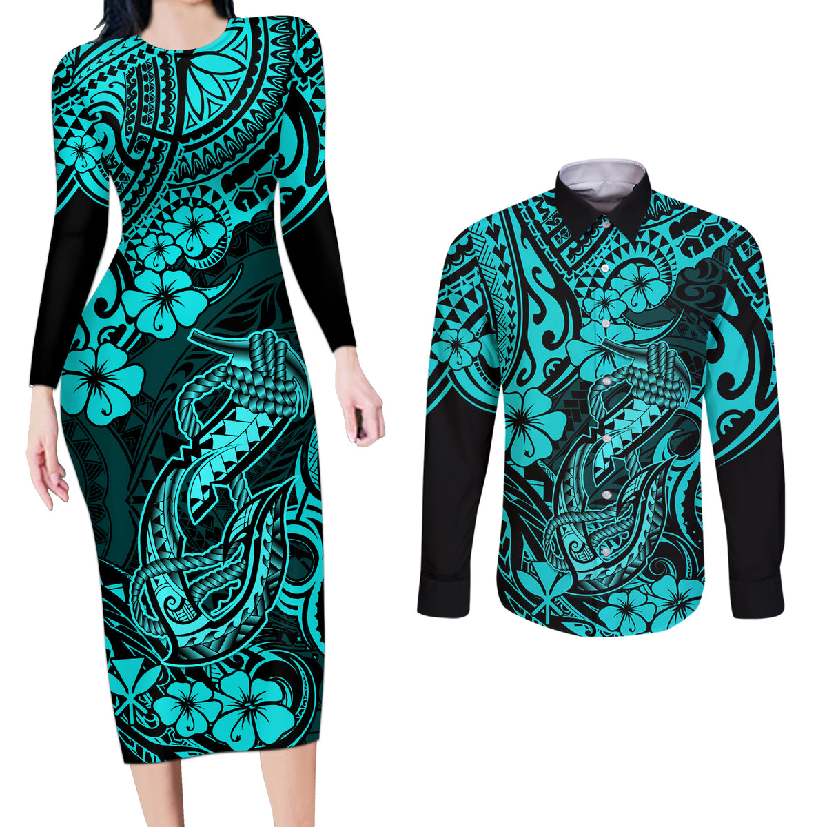 Hawaii Fish Hook Couples Matching Long Sleeve Bodycon Dress and Long Sleeve Button Shirts Hibiscus Hawaii Tribal Tattoo Turquoise Version - Wonder Print Shop