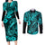 Hawaii Fish Hook Couples Matching Long Sleeve Bodycon Dress and Long Sleeve Button Shirts Hibiscus Hawaii Tribal Tattoo Turquoise Version - Wonder Print Shop