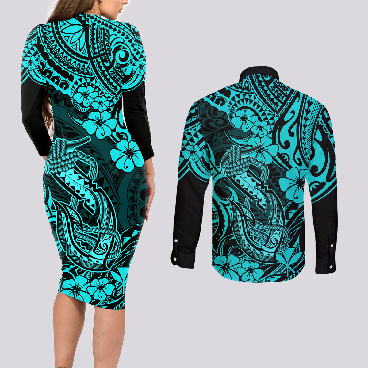 Hawaii Fish Hook Couples Matching Long Sleeve Bodycon Dress and Long Sleeve Button Shirts Hibiscus Hawaii Tribal Tattoo Turquoise Version - Wonder Print Shop