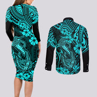 Hawaii Fish Hook Couples Matching Long Sleeve Bodycon Dress and Long Sleeve Button Shirts Hibiscus Hawaii Tribal Tattoo Turquoise Version - Wonder Print Shop