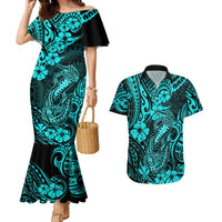 Hawaii Fish Hook Couples Matching Mermaid Dress and Hawaiian Shirt Hibiscus Hawaii Tribal Tattoo Turquoise Version - Wonder Print Shop