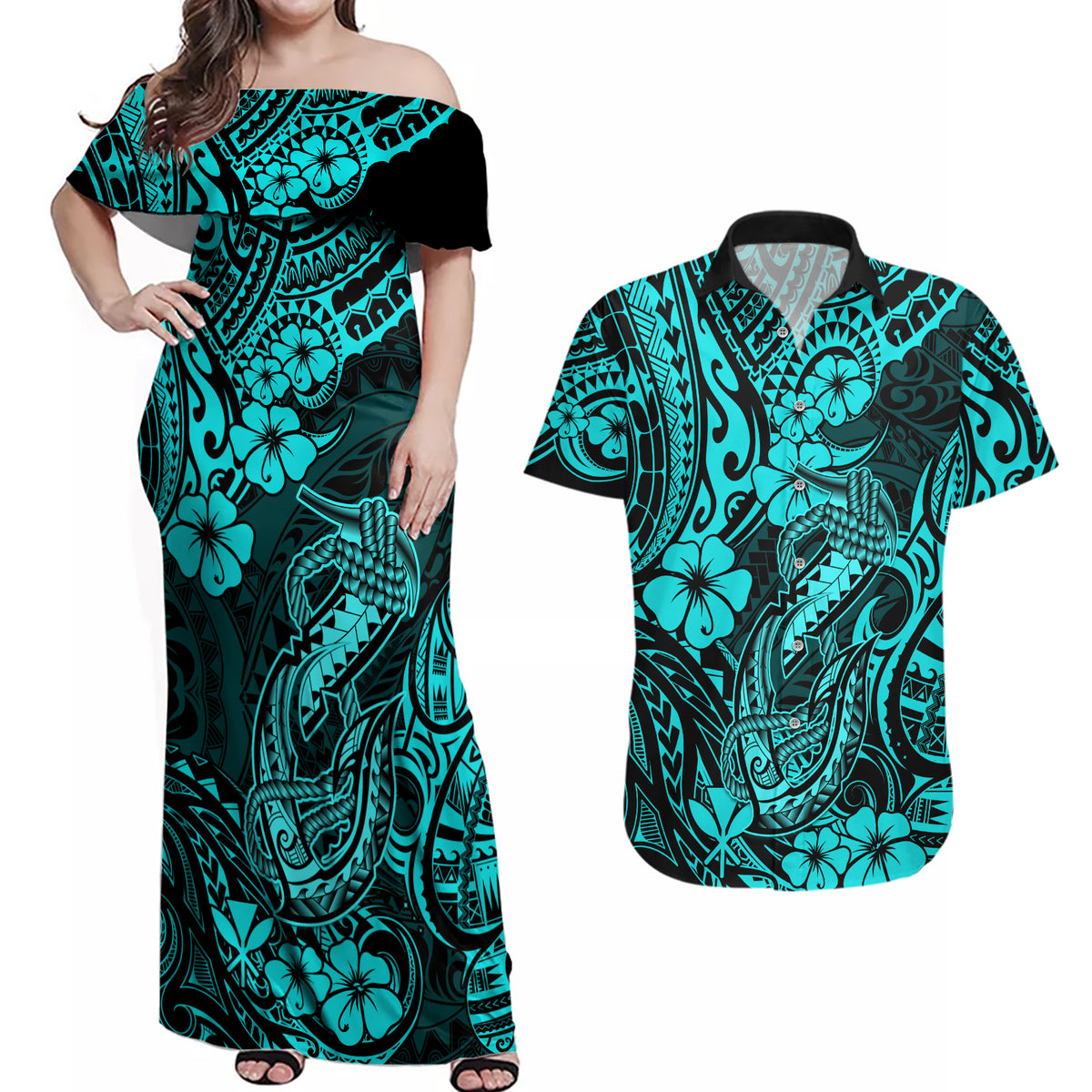 Hawaii Fish Hook Couples Matching Off Shoulder Maxi Dress and Hawaiian Shirt Hibiscus Hawaii Tribal Tattoo Turquoise Version - Wonder Print Shop