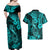 Hawaii Fish Hook Couples Matching Off Shoulder Maxi Dress and Hawaiian Shirt Hibiscus Hawaii Tribal Tattoo Turquoise Version - Wonder Print Shop