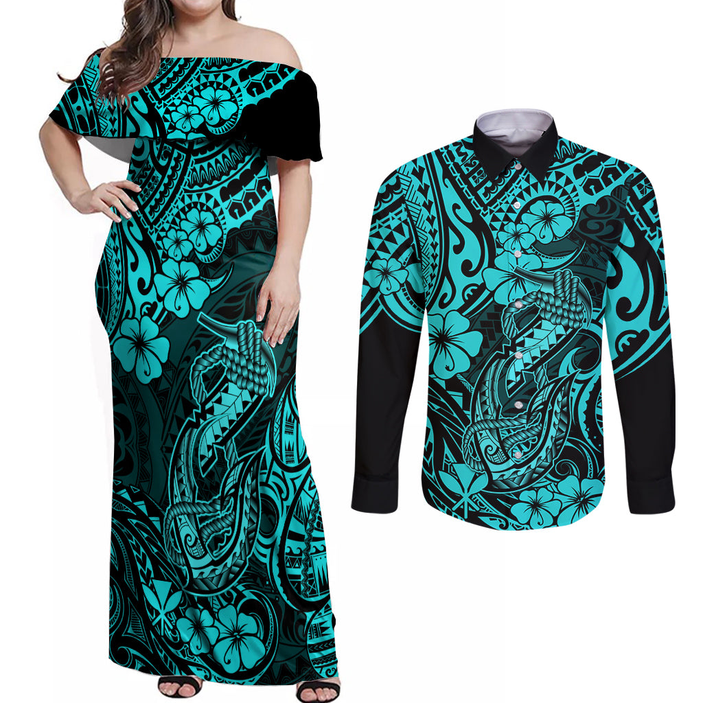 Hawaii Fish Hook Couples Matching Off Shoulder Maxi Dress and Long Sleeve Button Shirts Hibiscus Hawaii Tribal Tattoo Turquoise Version - Wonder Print Shop