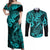 Hawaii Fish Hook Couples Matching Off Shoulder Maxi Dress and Long Sleeve Button Shirts Hibiscus Hawaii Tribal Tattoo Turquoise Version - Wonder Print Shop
