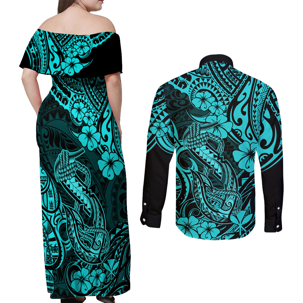 Hawaii Fish Hook Couples Matching Off Shoulder Maxi Dress and Long Sleeve Button Shirts Hibiscus Hawaii Tribal Tattoo Turquoise Version - Wonder Print Shop