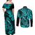 Hawaii Fish Hook Couples Matching Off Shoulder Maxi Dress and Long Sleeve Button Shirts Hibiscus Hawaii Tribal Tattoo Turquoise Version - Wonder Print Shop