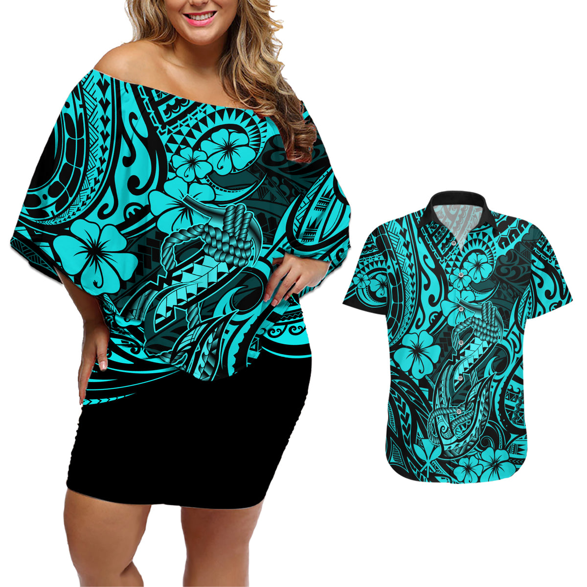 Hawaii Fish Hook Couples Matching Off Shoulder Short Dress and Hawaiian Shirt Hibiscus Hawaii Tribal Tattoo Turquoise Version - Wonder Print Shop