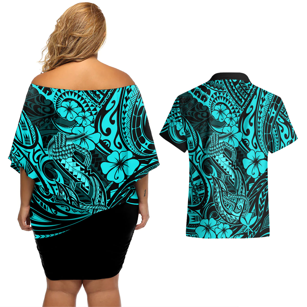 Hawaii Fish Hook Couples Matching Off Shoulder Short Dress and Hawaiian Shirt Hibiscus Hawaii Tribal Tattoo Turquoise Version - Wonder Print Shop