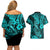 Hawaii Fish Hook Couples Matching Off Shoulder Short Dress and Hawaiian Shirt Hibiscus Hawaii Tribal Tattoo Turquoise Version - Wonder Print Shop