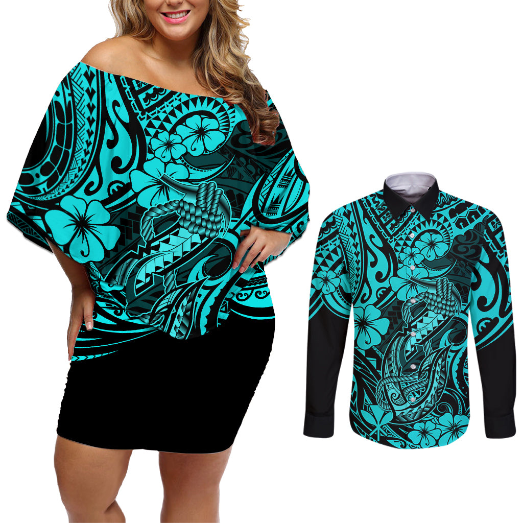 Hawaii Fish Hook Couples Matching Off Shoulder Short Dress and Long Sleeve Button Shirts Hibiscus Hawaii Tribal Tattoo Turquoise Version - Wonder Print Shop