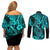 Hawaii Fish Hook Couples Matching Off Shoulder Short Dress and Long Sleeve Button Shirts Hibiscus Hawaii Tribal Tattoo Turquoise Version - Wonder Print Shop