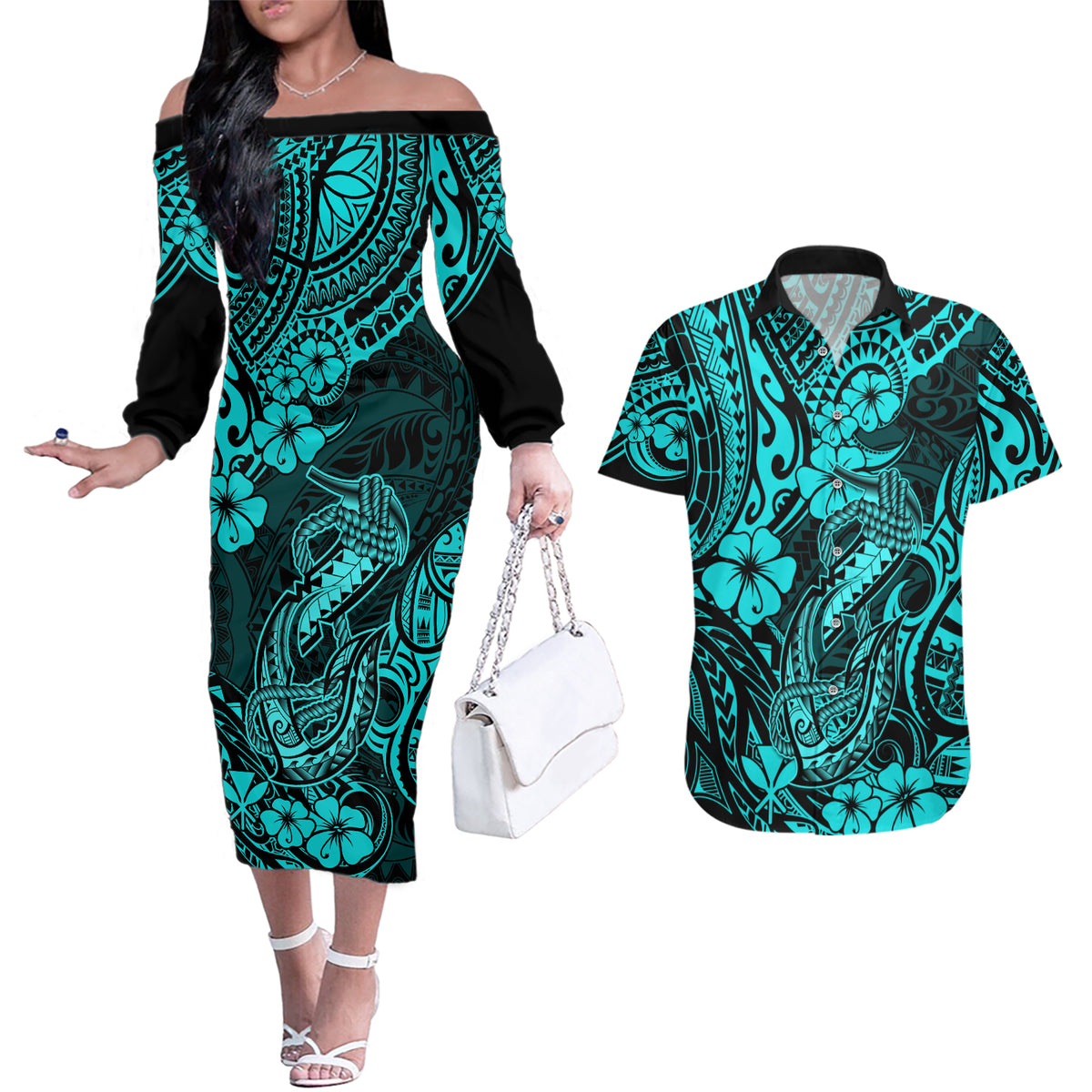 Hawaii Fish Hook Couples Matching Off The Shoulder Long Sleeve Dress and Hawaiian Shirt Hibiscus Hawaii Tribal Tattoo Turquoise Version - Wonder Print Shop