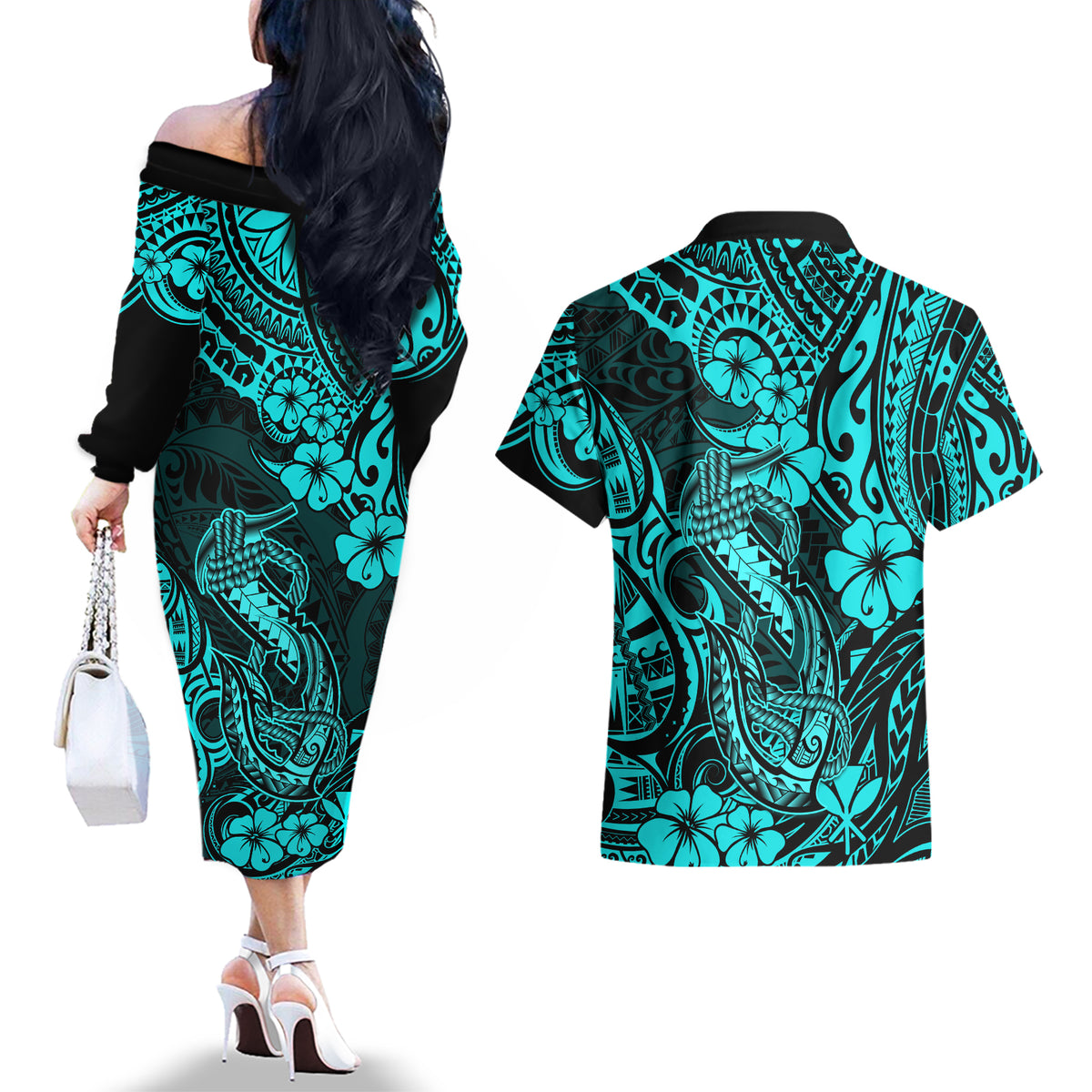 Hawaii Fish Hook Couples Matching Off The Shoulder Long Sleeve Dress and Hawaiian Shirt Hibiscus Hawaii Tribal Tattoo Turquoise Version - Wonder Print Shop