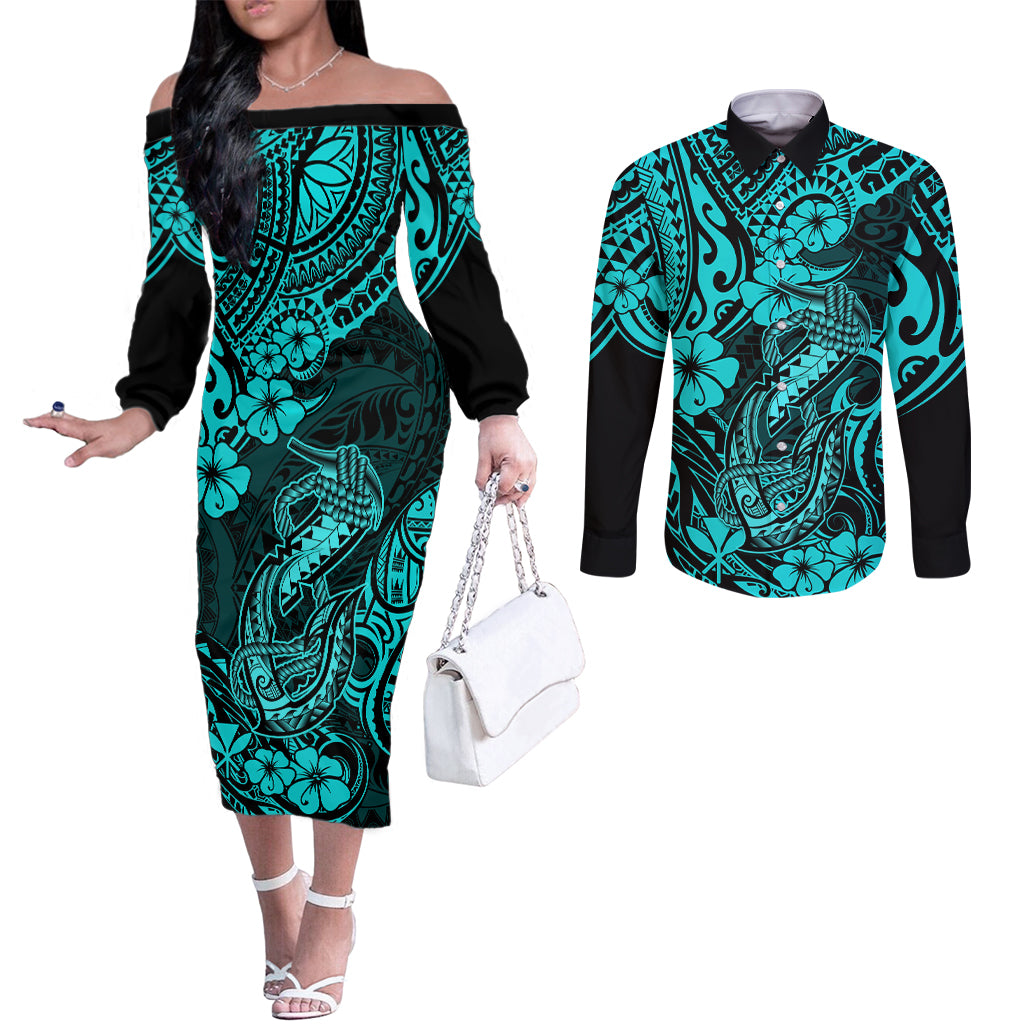 hawaii-fish-hook-couples-matching-off-the-shoulder-long-sleeve-dress-and-long-sleeve-button-shirts-hibiscus-hawaii-tribal-tattoo-turquoise-version