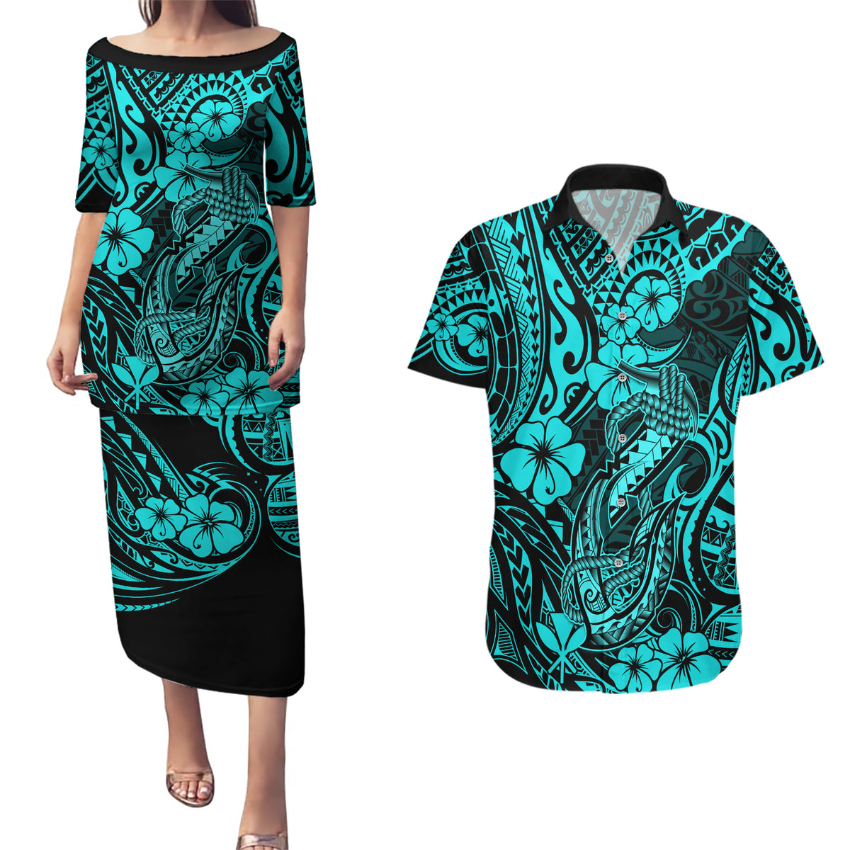 Hawaii Fish Hook Couples Matching Puletasi Dress and Hawaiian Shirt Hibiscus Hawaii Tribal Tattoo Turquoise Version - Wonder Print Shop