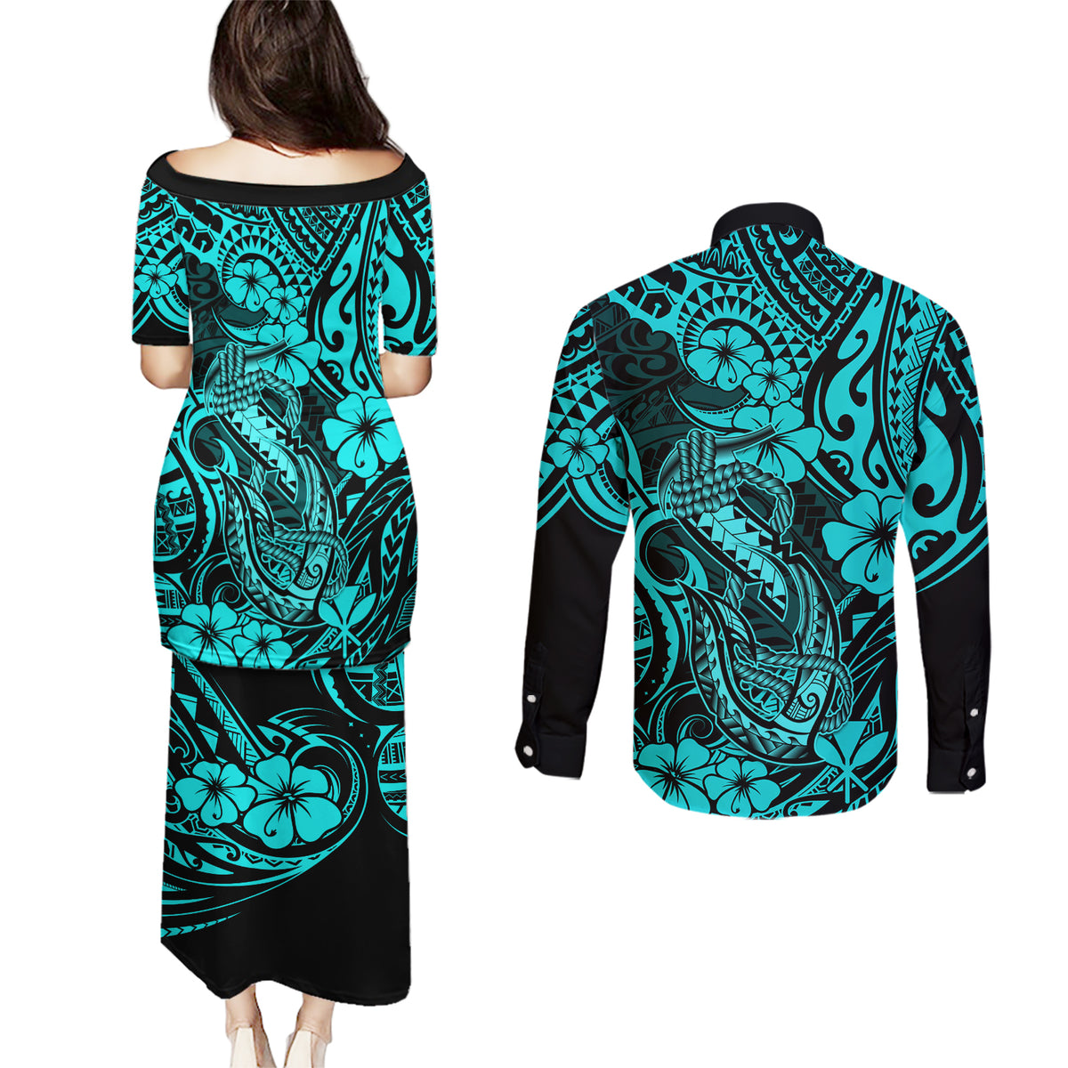 Hawaii Fish Hook Couples Matching Puletasi Dress and Long Sleeve Button Shirts Hibiscus Hawaii Tribal Tattoo Turquoise Version - Wonder Print Shop