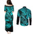 Hawaii Fish Hook Couples Matching Puletasi Dress and Long Sleeve Button Shirts Hibiscus Hawaii Tribal Tattoo Turquoise Version - Wonder Print Shop