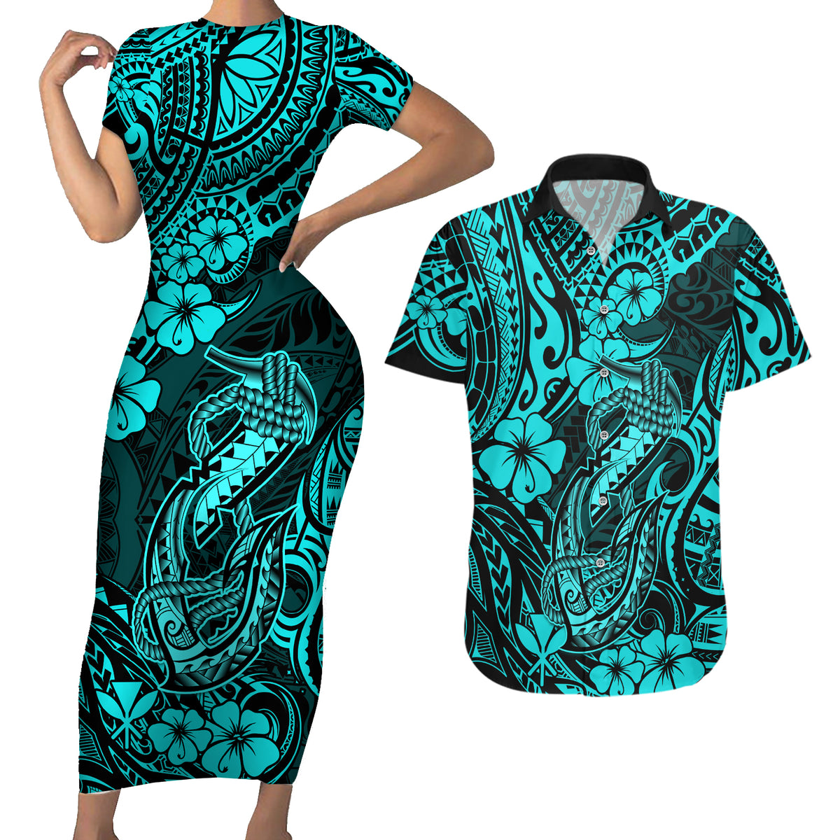 Hawaii Fish Hook Couples Matching Short Sleeve Bodycon Dress and Hawaiian Shirt Hibiscus Hawaii Tribal Tattoo Turquoise Version - Wonder Print Shop