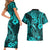 Hawaii Fish Hook Couples Matching Short Sleeve Bodycon Dress and Hawaiian Shirt Hibiscus Hawaii Tribal Tattoo Turquoise Version - Wonder Print Shop
