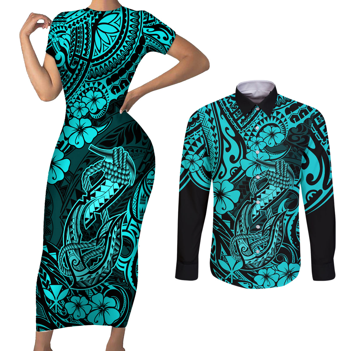 Hawaii Fish Hook Couples Matching Short Sleeve Bodycon Dress and Long Sleeve Button Shirts Hibiscus Hawaii Tribal Tattoo Turquoise Version - Wonder Print Shop
