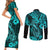 Hawaii Fish Hook Couples Matching Short Sleeve Bodycon Dress and Long Sleeve Button Shirts Hibiscus Hawaii Tribal Tattoo Turquoise Version - Wonder Print Shop