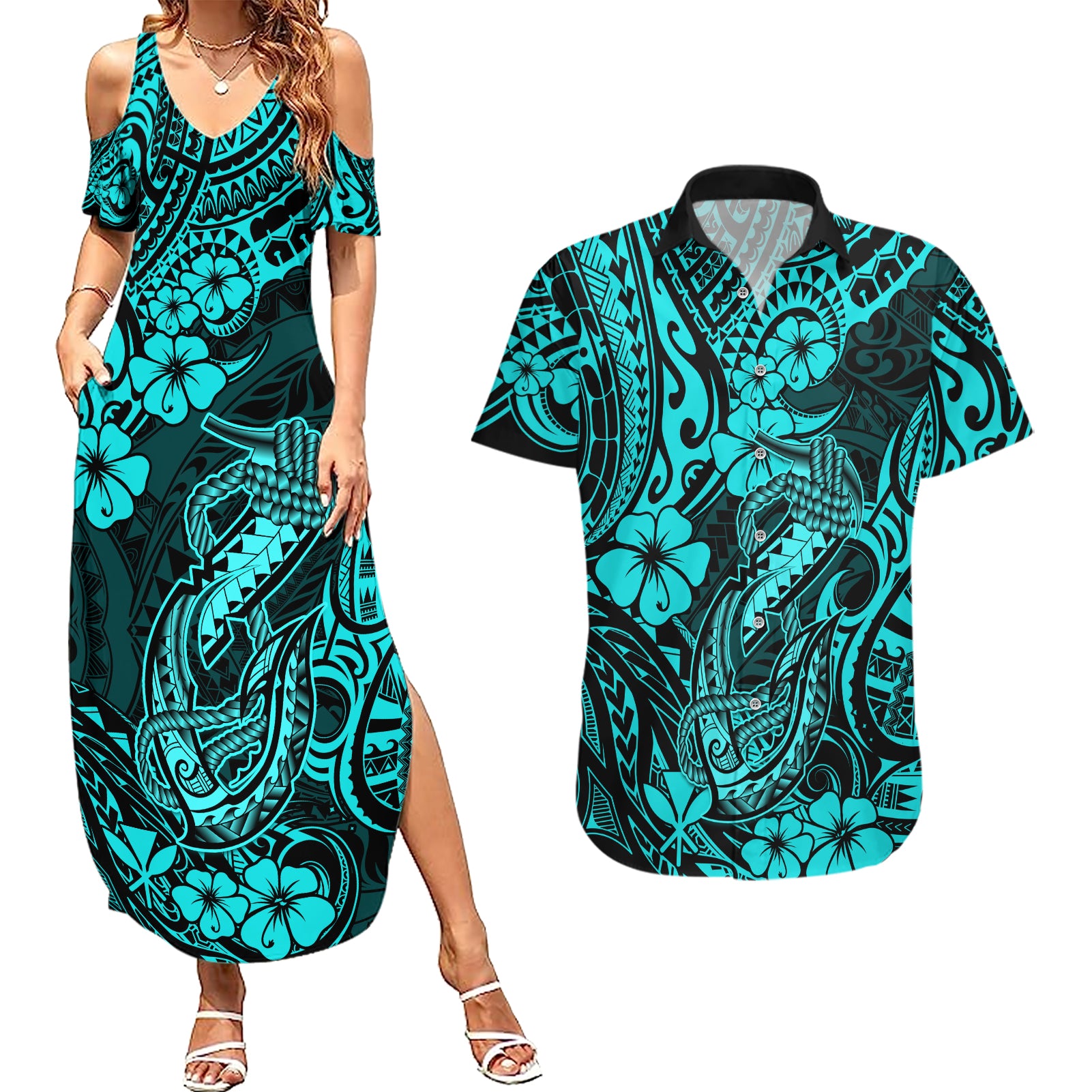 Hawaii Fish Hook Couples Matching Summer Maxi Dress and Hawaiian Shirt Hibiscus Hawaii Tribal Tattoo Turquoise Version - Wonder Print Shop