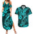 Hawaii Fish Hook Couples Matching Summer Maxi Dress and Hawaiian Shirt Hibiscus Hawaii Tribal Tattoo Turquoise Version - Wonder Print Shop