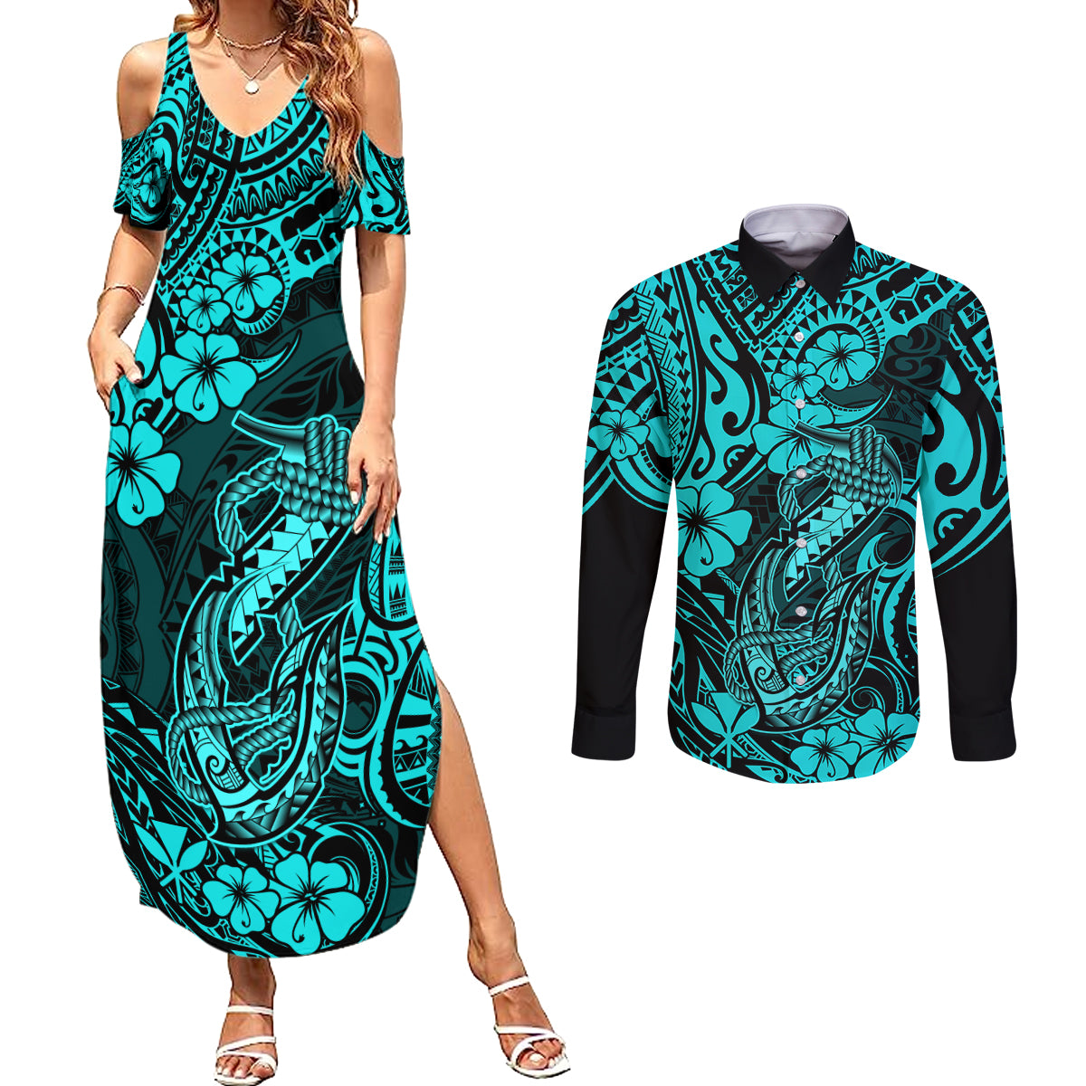 Hawaii Fish Hook Couples Matching Summer Maxi Dress and Long Sleeve Button Shirts Hibiscus Hawaii Tribal Tattoo Turquoise Version - Wonder Print Shop