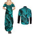 Hawaii Fish Hook Couples Matching Summer Maxi Dress and Long Sleeve Button Shirts Hibiscus Hawaii Tribal Tattoo Turquoise Version - Wonder Print Shop