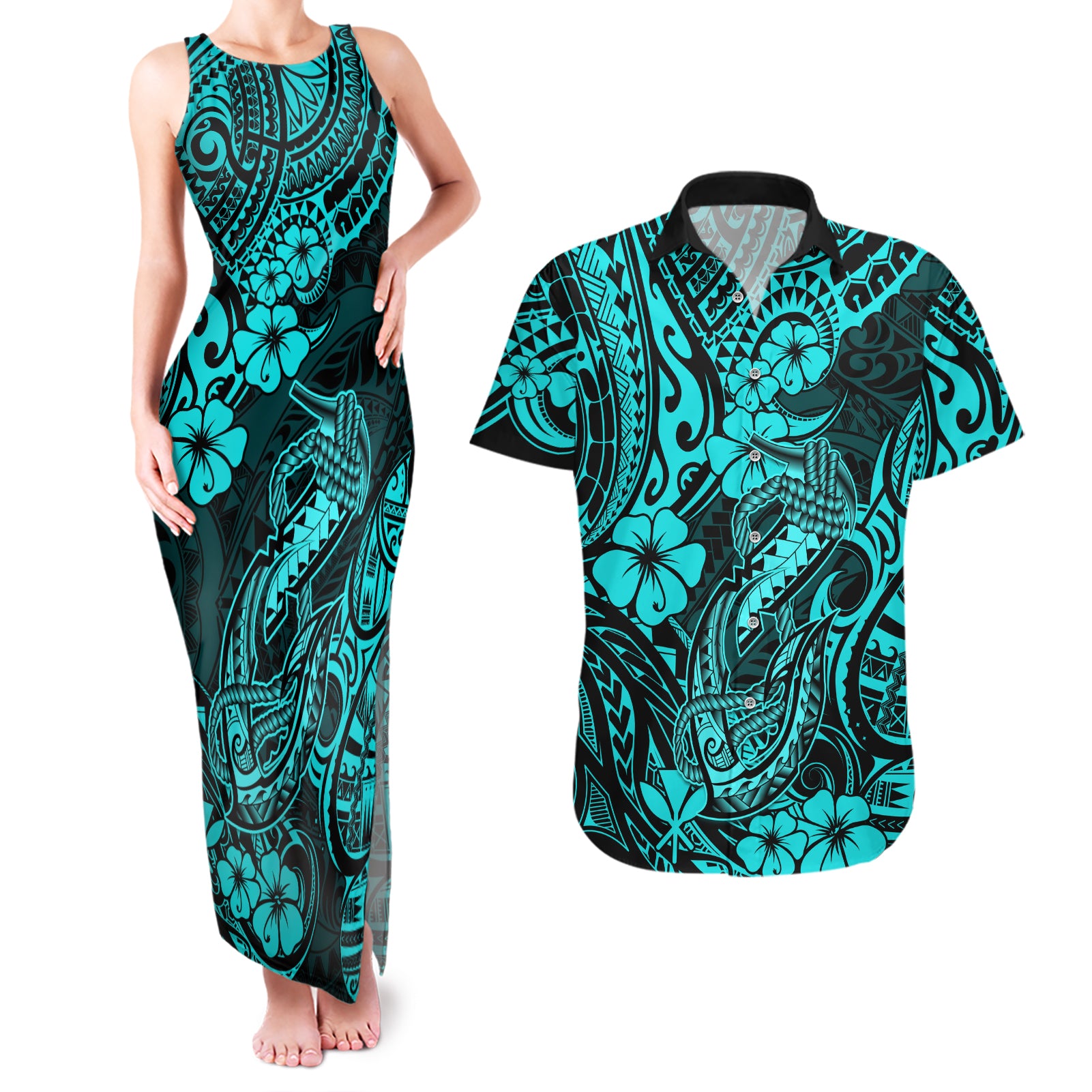 Hawaii Fish Hook Couples Matching Tank Maxi Dress and Hawaiian Shirt Hibiscus Hawaii Tribal Tattoo Turquoise Version - Wonder Print Shop