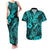 Hawaii Fish Hook Couples Matching Tank Maxi Dress and Hawaiian Shirt Hibiscus Hawaii Tribal Tattoo Turquoise Version - Wonder Print Shop