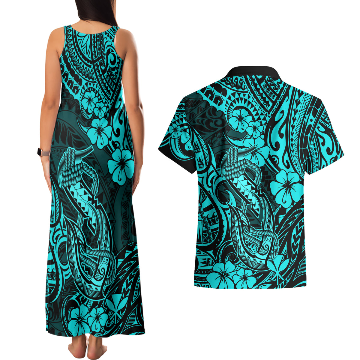 Hawaii Fish Hook Couples Matching Tank Maxi Dress and Hawaiian Shirt Hibiscus Hawaii Tribal Tattoo Turquoise Version - Wonder Print Shop
