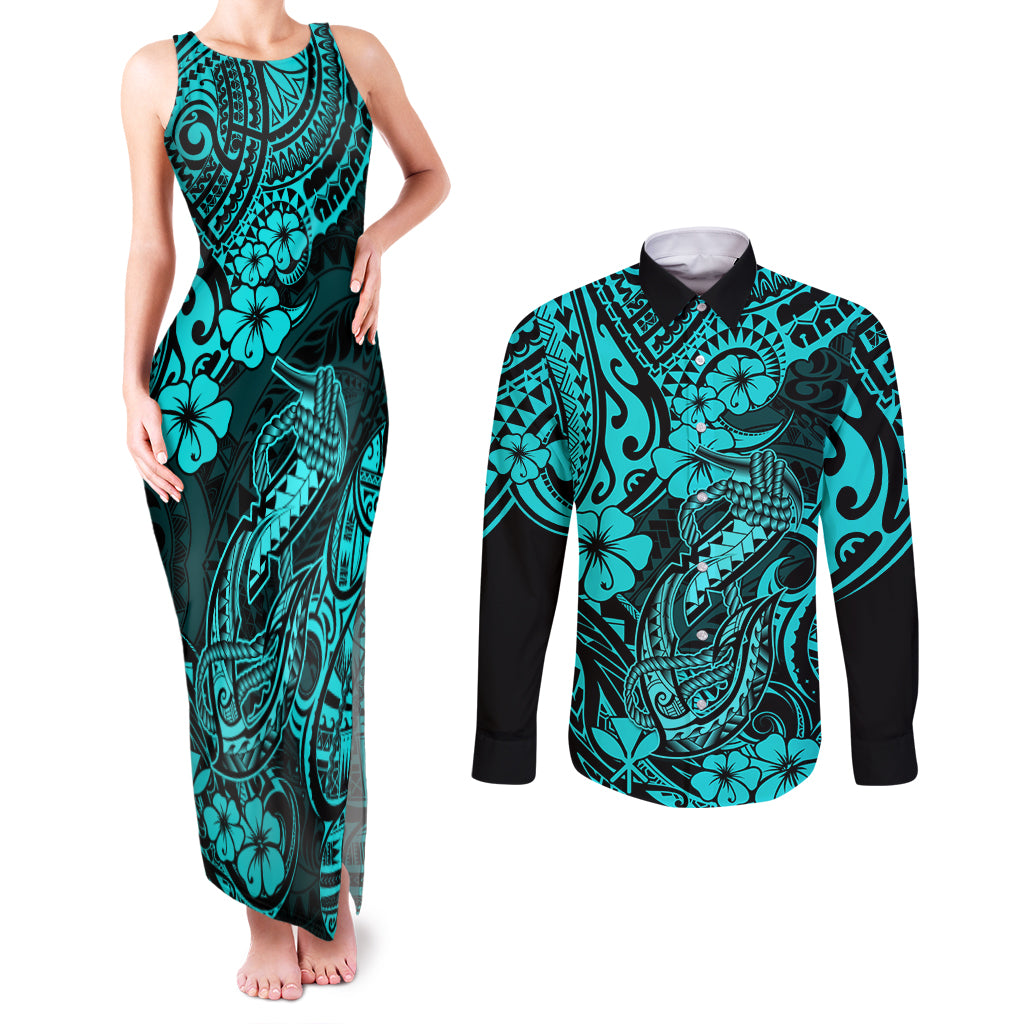 Hawaii Fish Hook Couples Matching Tank Maxi Dress and Long Sleeve Button Shirts Hibiscus Hawaii Tribal Tattoo Turquoise Version - Wonder Print Shop