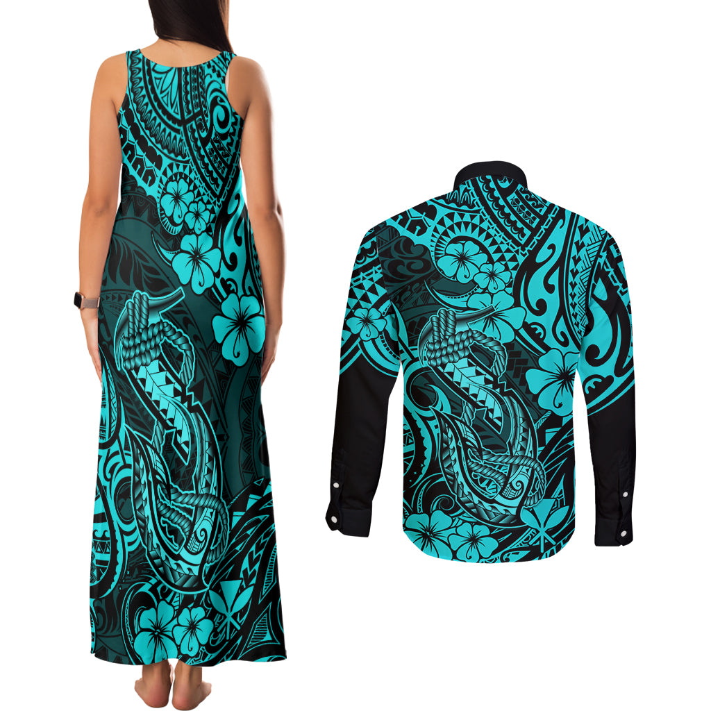 Hawaii Fish Hook Couples Matching Tank Maxi Dress and Long Sleeve Button Shirts Hibiscus Hawaii Tribal Tattoo Turquoise Version - Wonder Print Shop