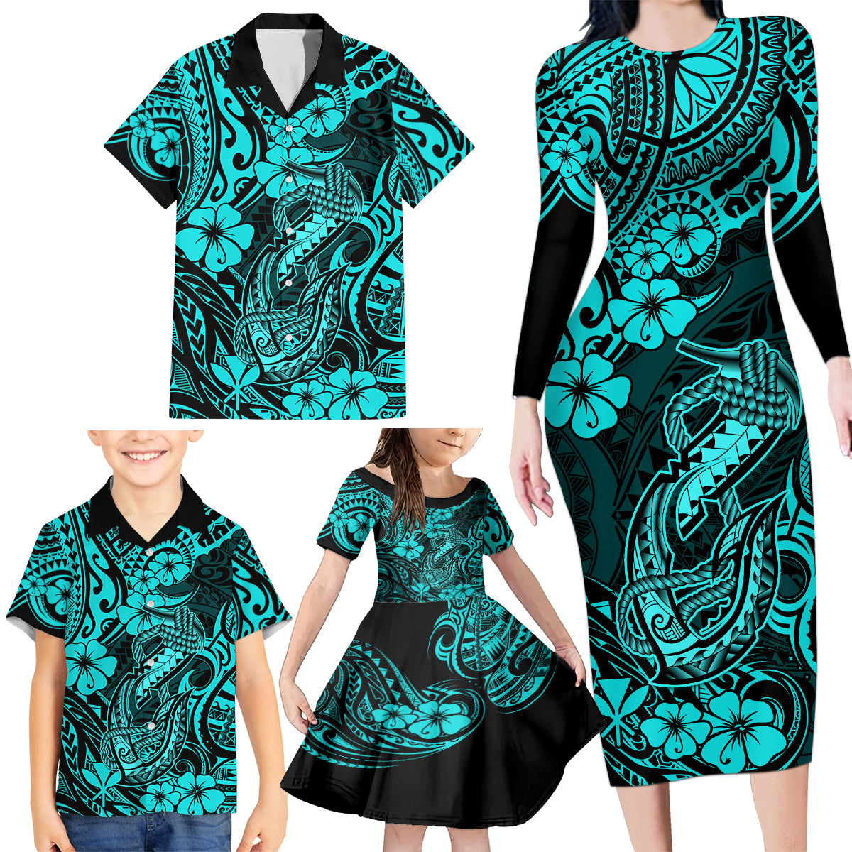Hawaii Fish Hook Family Matching Long Sleeve Bodycon Dress and Hawaiian Shirt Hibiscus Hawaii Tribal Tattoo Turquoise Version - Wonder Print Shop