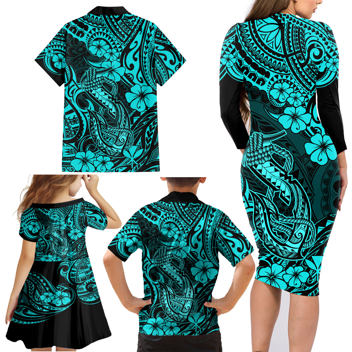 Hawaii Fish Hook Family Matching Long Sleeve Bodycon Dress and Hawaiian Shirt Hibiscus Hawaii Tribal Tattoo Turquoise Version - Wonder Print Shop