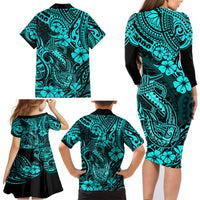 Hawaii Fish Hook Family Matching Long Sleeve Bodycon Dress and Hawaiian Shirt Hibiscus Hawaii Tribal Tattoo Turquoise Version - Wonder Print Shop