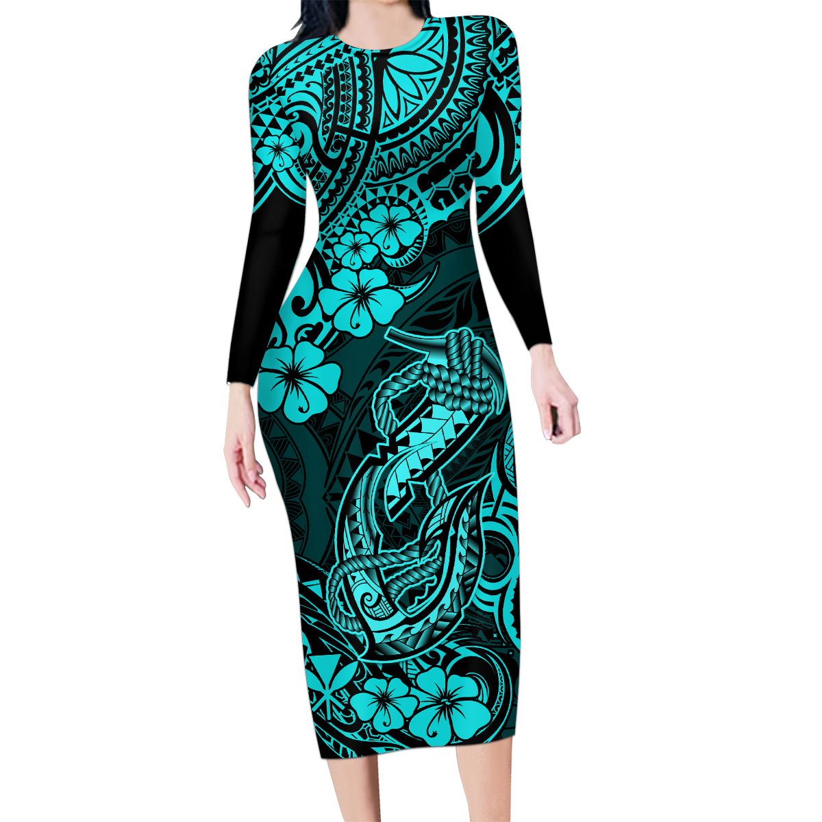 Hawaii Fish Hook Family Matching Long Sleeve Bodycon Dress and Hawaiian Shirt Hibiscus Hawaii Tribal Tattoo Turquoise Version - Wonder Print Shop
