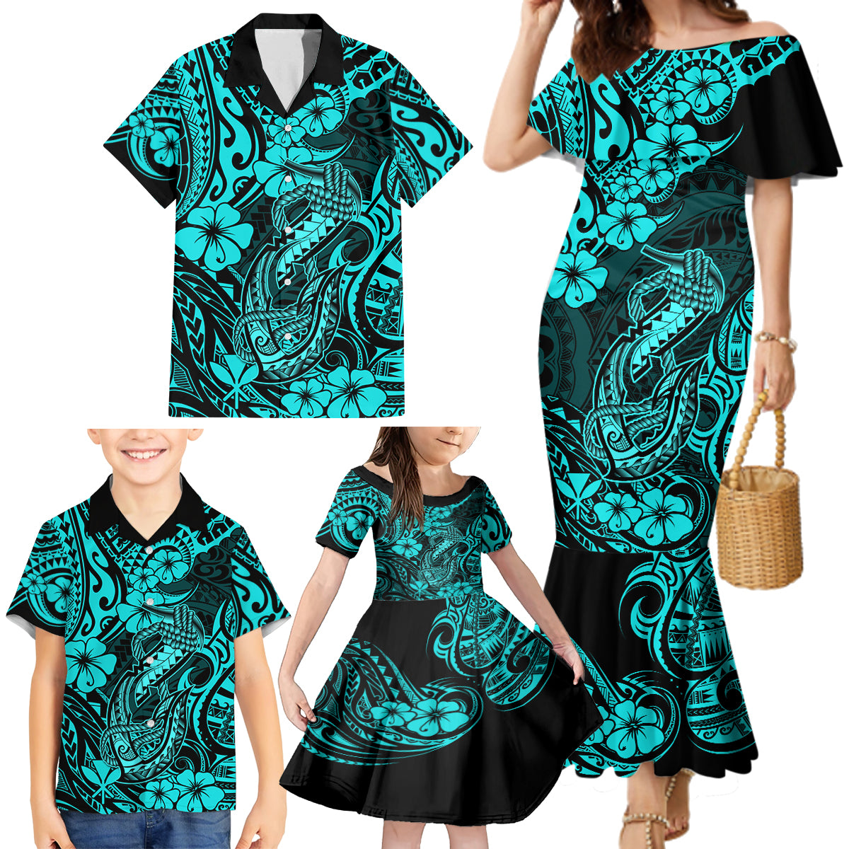 Hawaii Fish Hook Family Matching Mermaid Dress and Hawaiian Shirt Hibiscus Hawaii Tribal Tattoo Turquoise Version - Wonder Print Shop