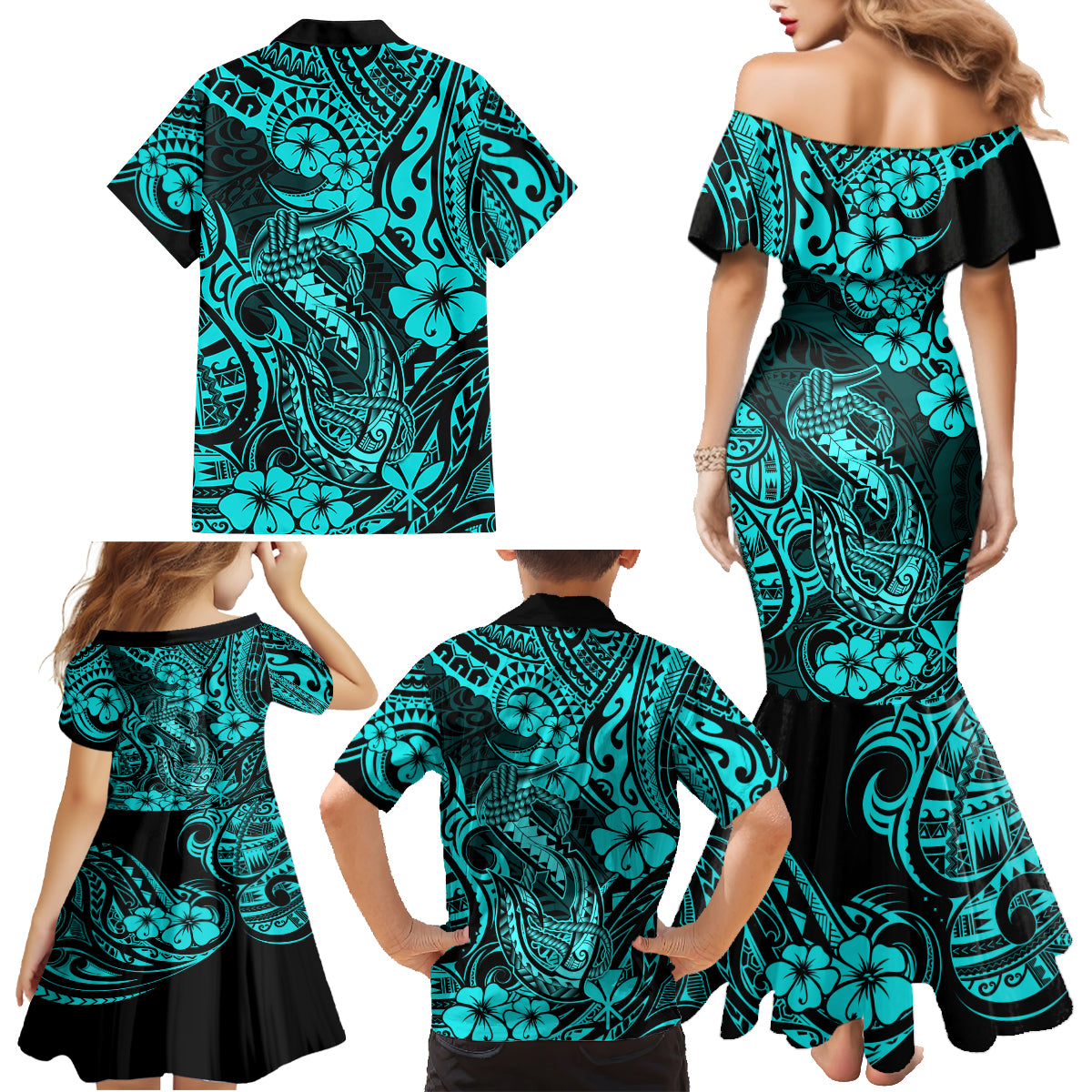 Hawaii Fish Hook Family Matching Mermaid Dress and Hawaiian Shirt Hibiscus Hawaii Tribal Tattoo Turquoise Version - Wonder Print Shop