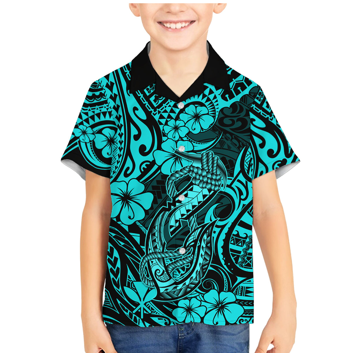 Hawaii Fish Hook Family Matching Mermaid Dress and Hawaiian Shirt Hibiscus Hawaii Tribal Tattoo Turquoise Version - Wonder Print Shop